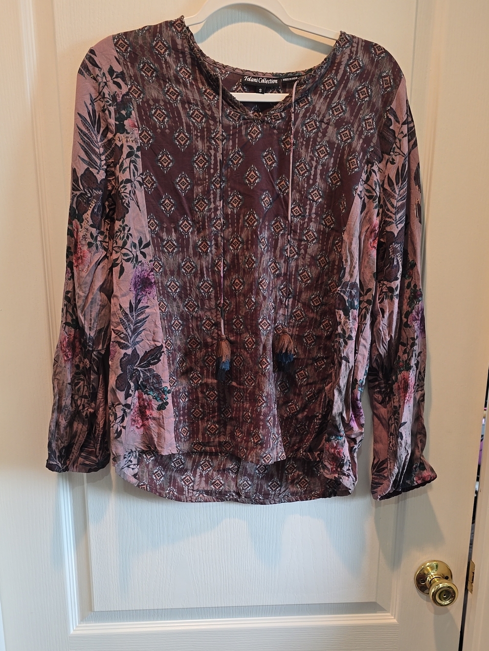 Tolani Collection mix-printed long-sleeve peasant top